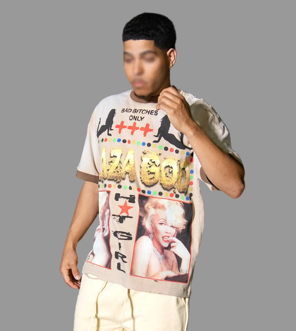 Cute - Distressed Acid Wash Oversized Tee -Beige 01