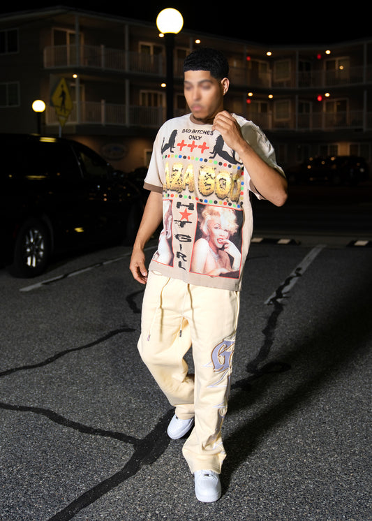 Cute - Distressed Acid Wash Oversized Tee -Beige 01