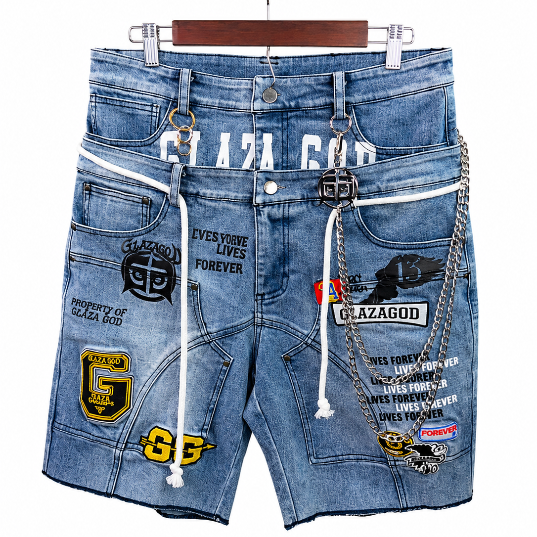 Shorts Denim `Patches' -Double Waistband |Blue Jeans