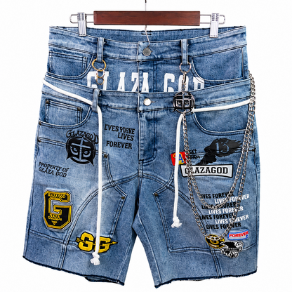 Shorts Denim `Patches' -Double Waistband |Blue Jeans