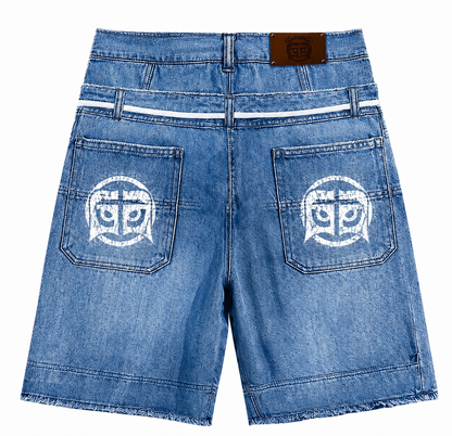 Shorts Denim `Patches' -Double Waistband |Blue Jeans